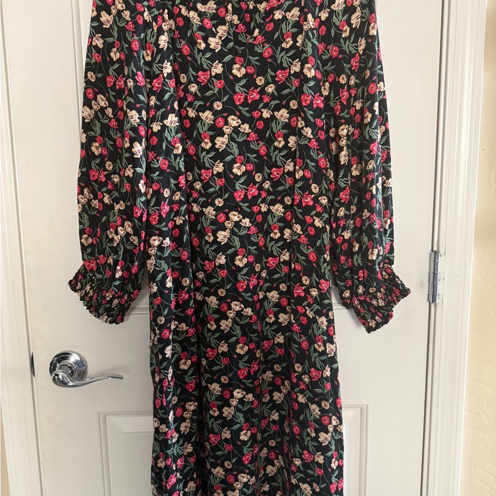 Draper James Dress Womens Large Black Floral Long Sleeve Sheath Boho fall winter